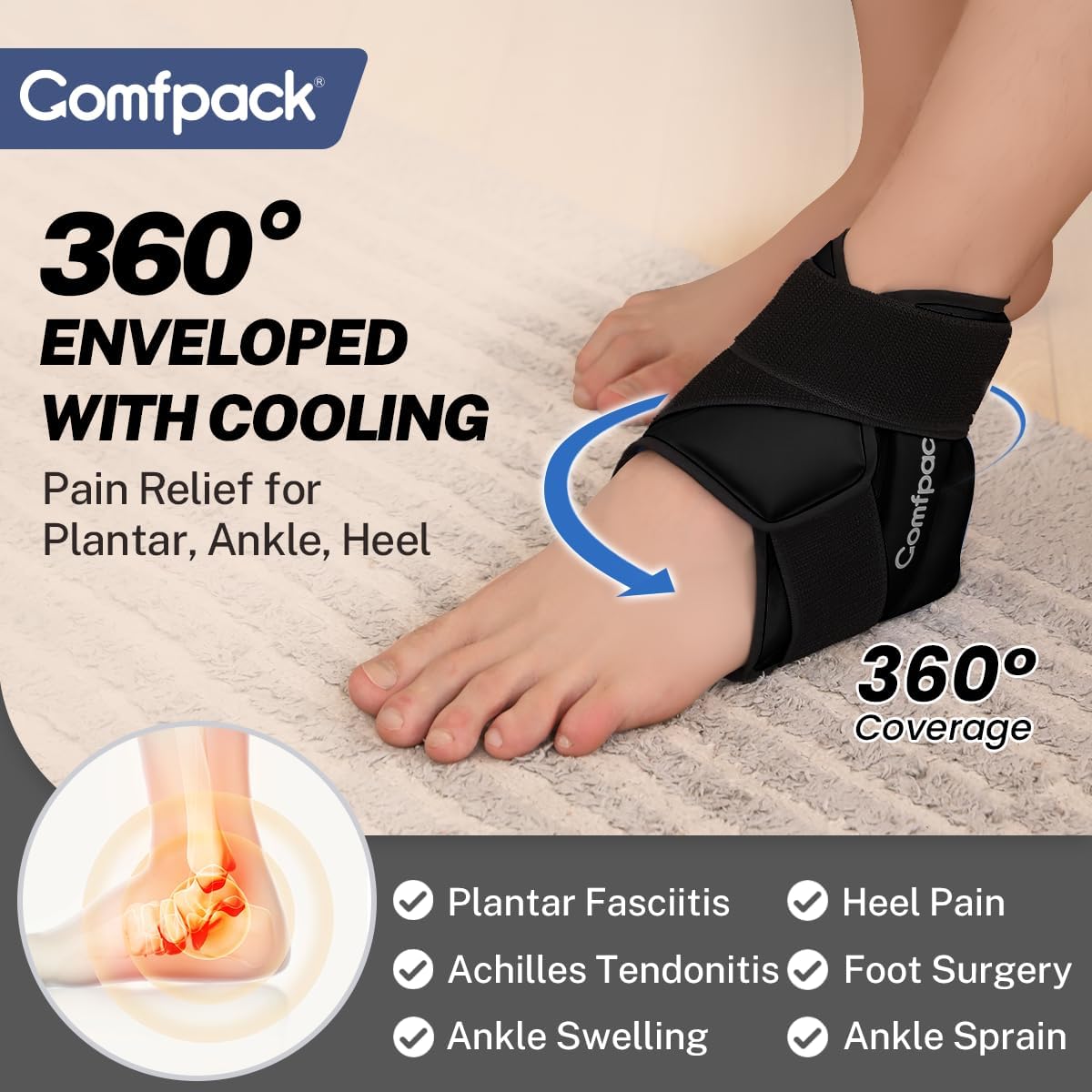 Comfpack Heel Ice Pack Wrap for Plantar Fasciitis Relief, Ankle Ice Pack | FSA Eligible, Ice Pack for Injures Reusable, Gel Cold Pack Warp for Achilles Tendonitis, Swelling, Ankle Sprain, Heel Pain
