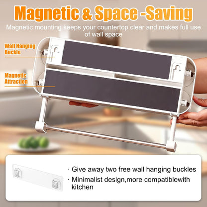 3 in 1 Plastic Wrap Dispenser with Cutter,Wooden Aluminum Foil Organizer | Magnetic Holder with Kitchen Towel Holder, Wall Mount Kitchen Wrap Dispenser for Pantry and Kitchen Cabinet