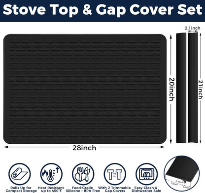 28 x 20 in Electric Stove Top Cover Set with 2 Stove Gap Covers | Thickened food-grade silicone glass cooktop protector; 450°F heat resistant, extra counter space, raised-edge dish drying mat