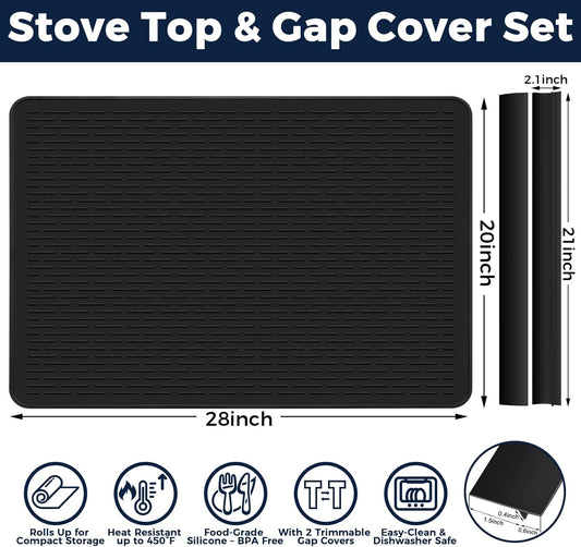 28 x 20 in Electric Stove Top Cover Set with 2 Stove Gap Covers | Thickened food-grade silicone glass cooktop protector; 450°F heat resistant, extra counter space, raised-edge dish drying mat