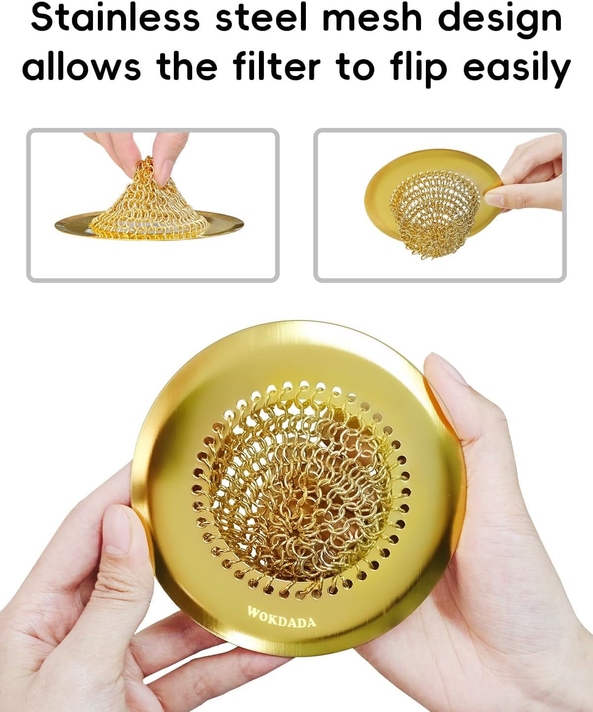 Kitchen Sink Drain Strainer,Patented Reversible Chain Mesh Basket Anti-Clog | Revolutionary Sink Strainer，Easy Clean，Fast Drainage，304 Stainless Steel Rust-Proof，4.4" Large Capacity Food Catcher，Handmade