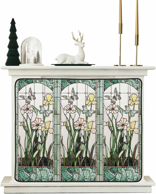 Vintage Butterfly Magnetic Fireplace Cover 36"x27",Floral Plant Stained Glass Chinese Art Decorative Fireplace Blanket Insulation Cover for Heat Loss,Indoor Outdoor Fireplace Draft Stopper Covers