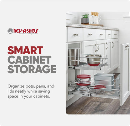 Rev-A-Shelf Pullout Organizer for Cabinets, Min Opening Width of 18" | STwo-Tier Steel Shelf for Kitchen or Vanity Cabinet Organization, Heavy Gauge Wire Slide Out Storage Basket, 5WB2-1822CR-1