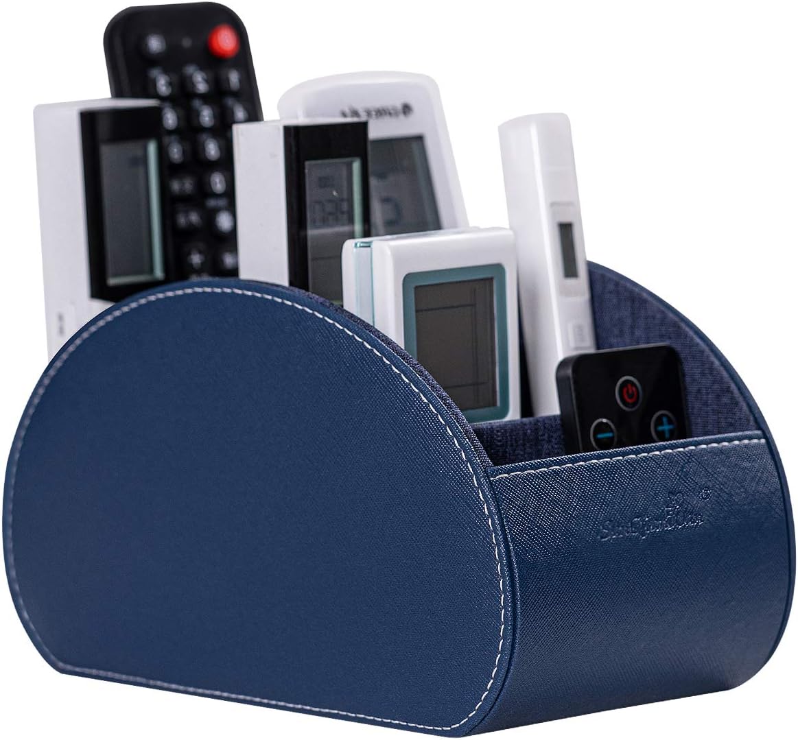 Remote Control Holders Organizer Box with 5 Compartment PU Leather Caddy | Multi-functional Office Desk Storage Caddy Store Tv Remote for Media Player,Brush,Pencil,Glassees&Office Supplies