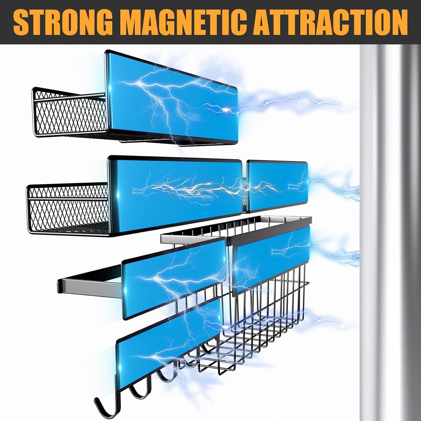 4 Pack Magnetic Shelves for Washing Machine, Heavy-Duty Magnetic Laundry Organizer with Hooks, Washing Machine Shelf for Refrigerator, Metal Storage Baskets, Closet & Laundry Room Organization(Black)