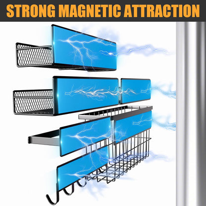 4 Pack Magnetic Shelves for Washing Machine, Heavy-Duty Magnetic Laundry Organizer with Hooks, Washing Machine Shelf for Refrigerator, Metal Storage Baskets, Closet & Laundry Room Organization(Black)