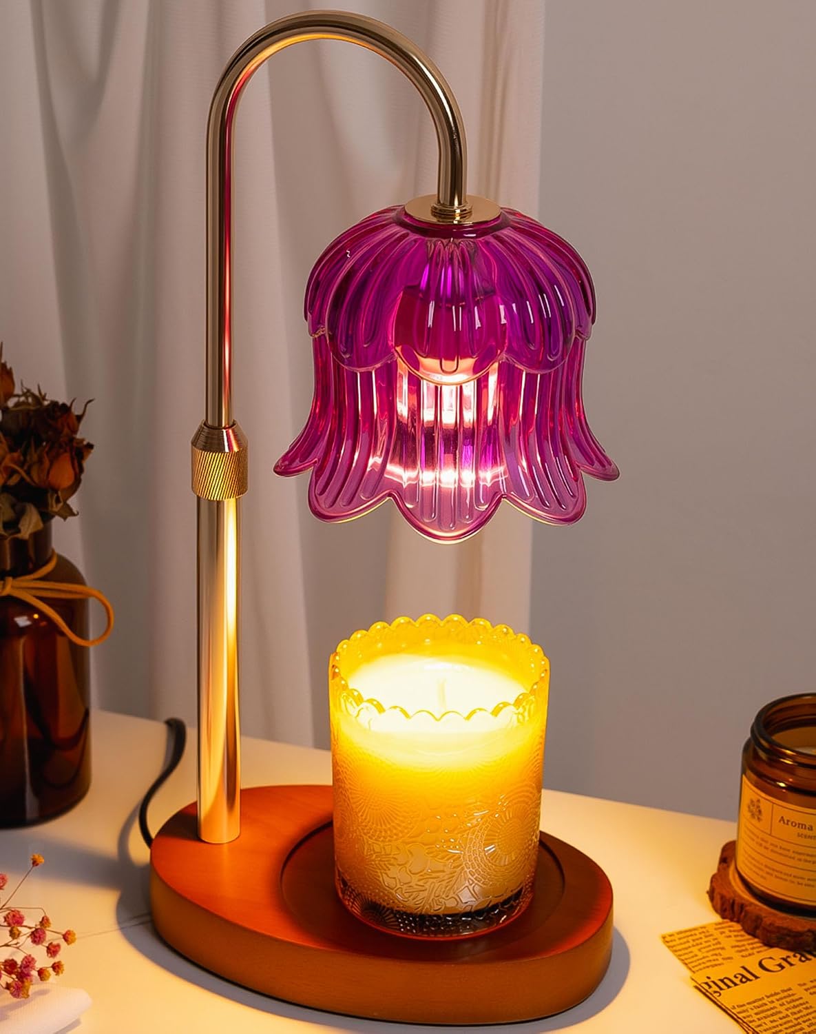 Adjustable Candle Warmer Lamp with Timer - Electric Light Wax Warming | Dimmable, Flameless, Top Melter Heater Melting Heating Height Small Jar Candles Gifts Women Mom Birthday Desk Modern Decor