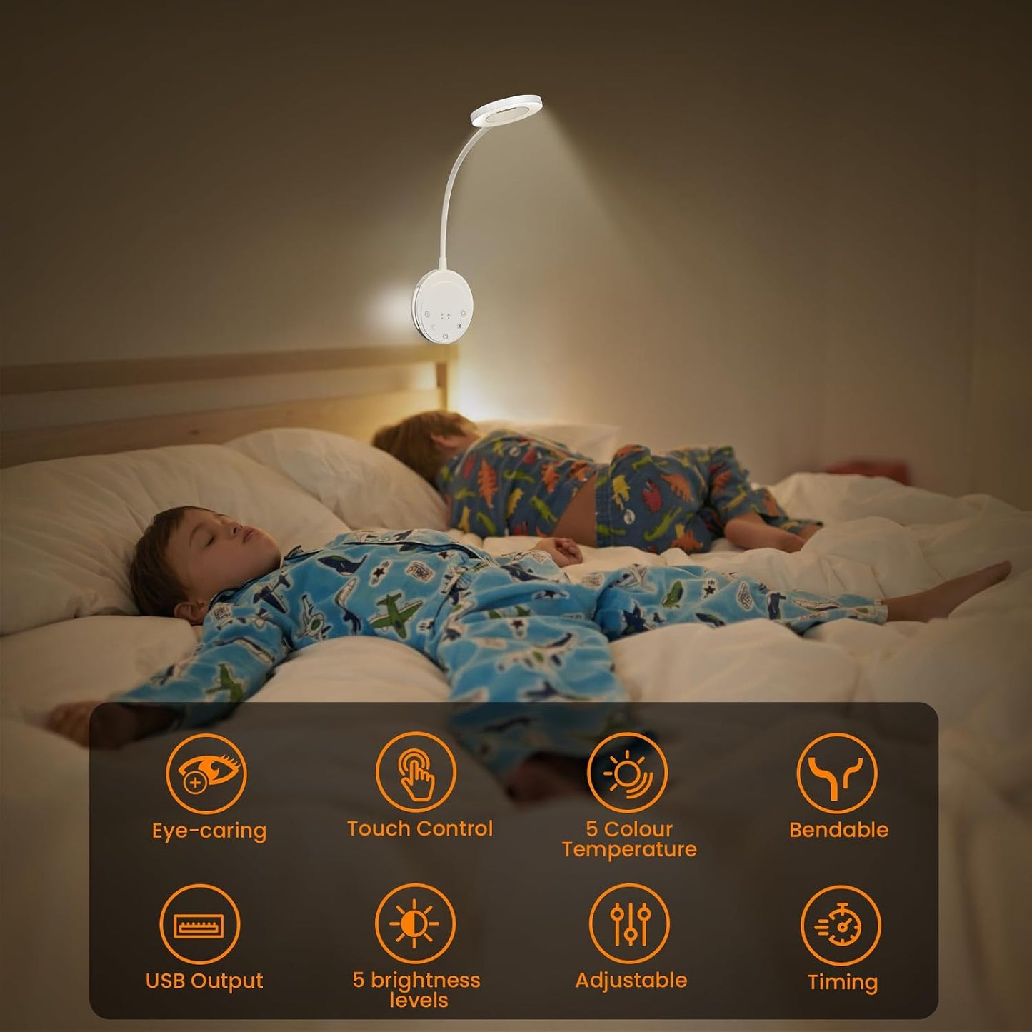 Wall Mounted Reading Light, Bedside Headboard Lights with 5 Color Temperature & 5 Dimming, 360 Flexible Gooseneck, USB Output, Night Light & Timer Function - Perfect for Reading (Black)