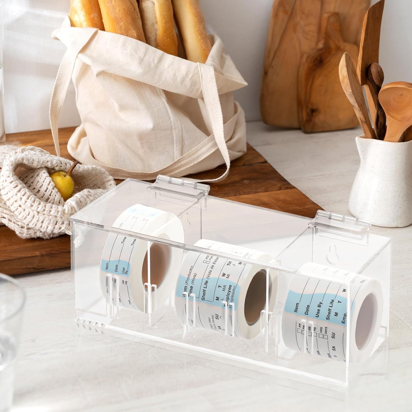 Adjustable Label Dispenser 4 Disks Sticker Roll Holder Acrylic Sticker Dispenser 9" x 3.5" x 3.5" Dissolvable Food Label Sticker Holder Organizer Label Stand for Date Sticker Label Desktop（No Label）
