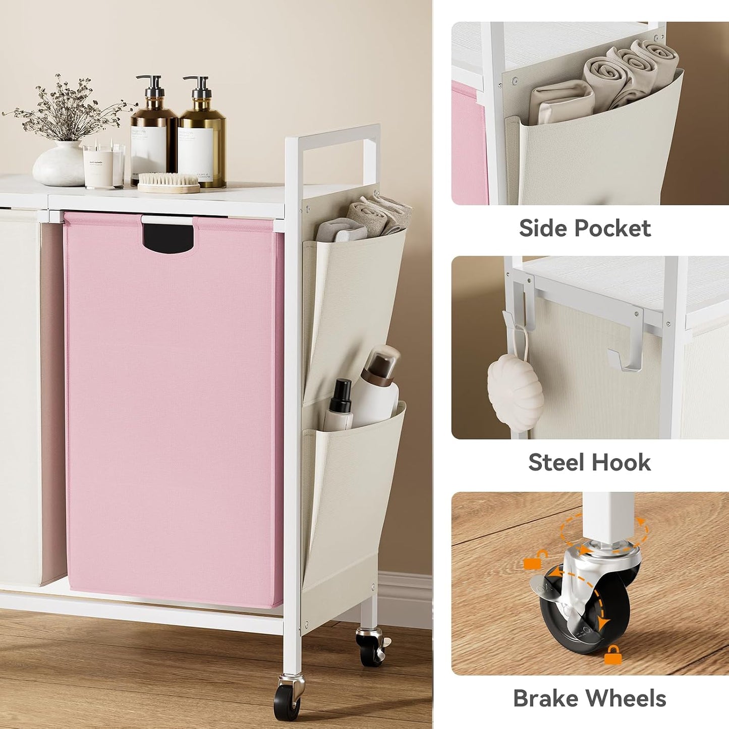 WOWLIVE Double Laundry Hamper with Wheels, Rolling Laundry Basket Organizer | Laundry Hamper 2 section with Lid, Iron-Made Laundry Sorter with Shelf, Removable Bags, Large Clothes Storage, White