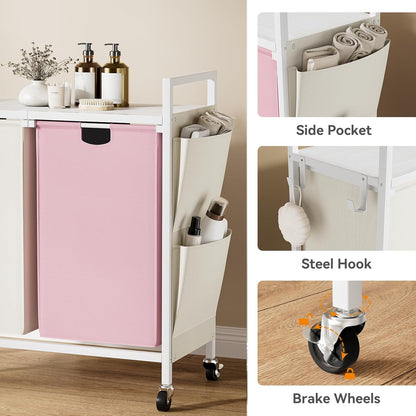 WOWLIVE Double Laundry Hamper with Wheels, Rolling Laundry Basket Organizer | Laundry Hamper 2 section with Lid, Iron-Made Laundry Sorter with Shelf, Removable Bags, Large Clothes Storage, White