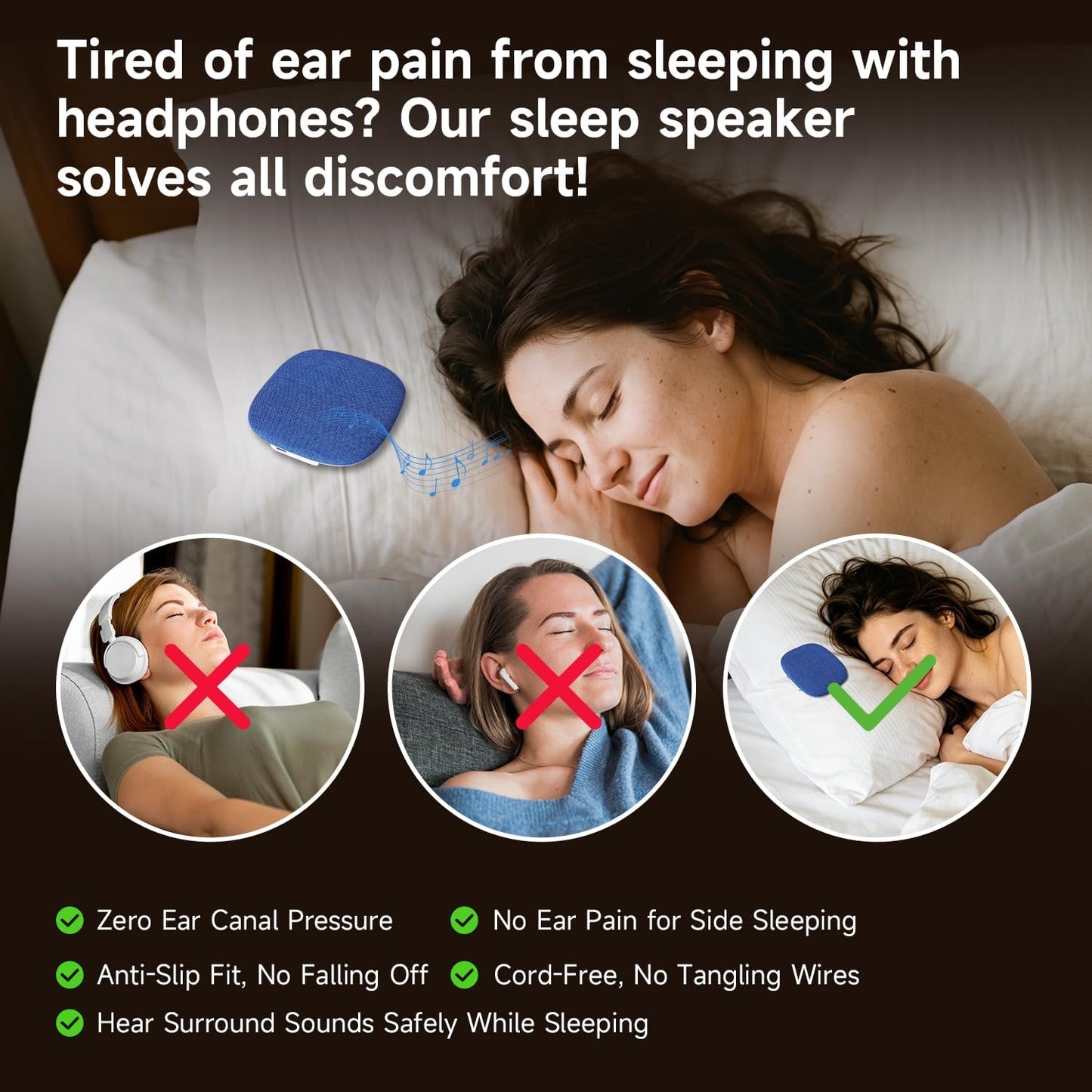 TAZATA Bluetooth Pillow Speaker for Sleeping, Blue | Under Pillow Sleep Speaker, 100 White Noise Sounds (Pink/Brown Noise), Auto-Off Timer, Side Sleeper Friendly
