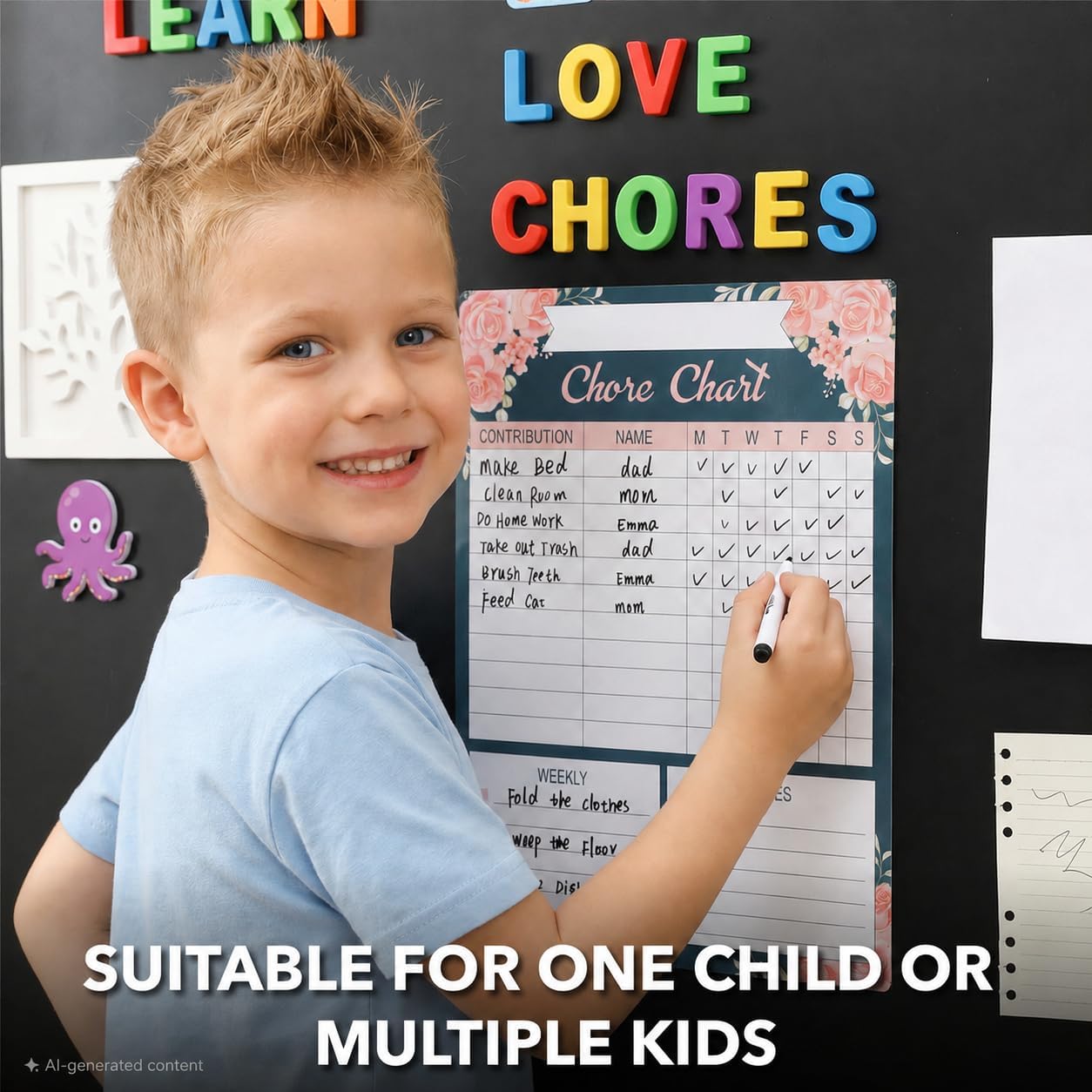 Mr. Pen- Magnetic Dry Erase Chore Chart, 17" x 12" | Floral Daily & Weekly Responsibility Chart for Kids, Teens & Adults, Family Chore Board for Fridge