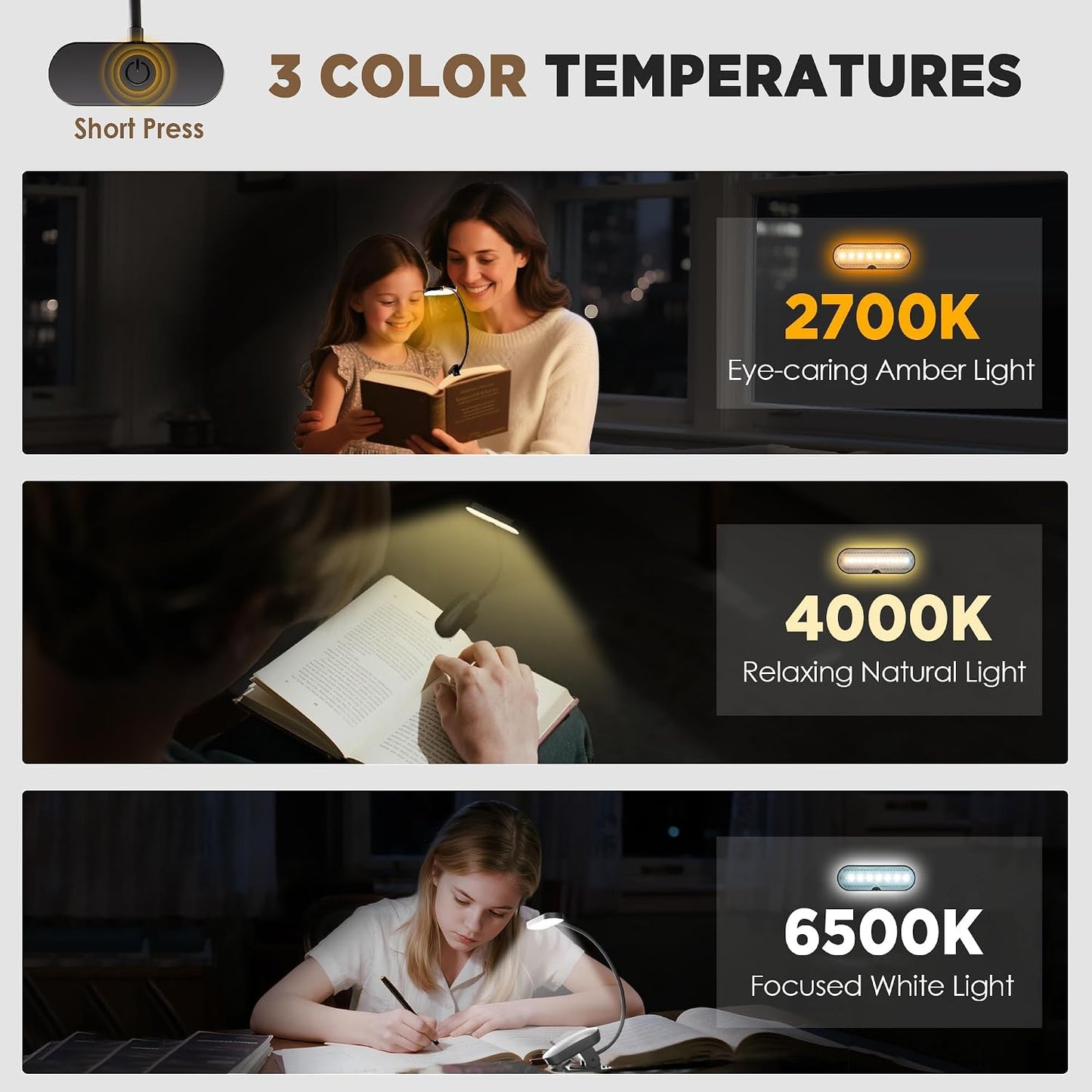 ARTIST'S DREAM Book Light for Reading at Night with 14 LEDs, 3 Eye-Caring Color Temperatures, Featuring Long Runtime and Lightweight Design - The Flexible Clip-On Book Light Designed for Book Lovers