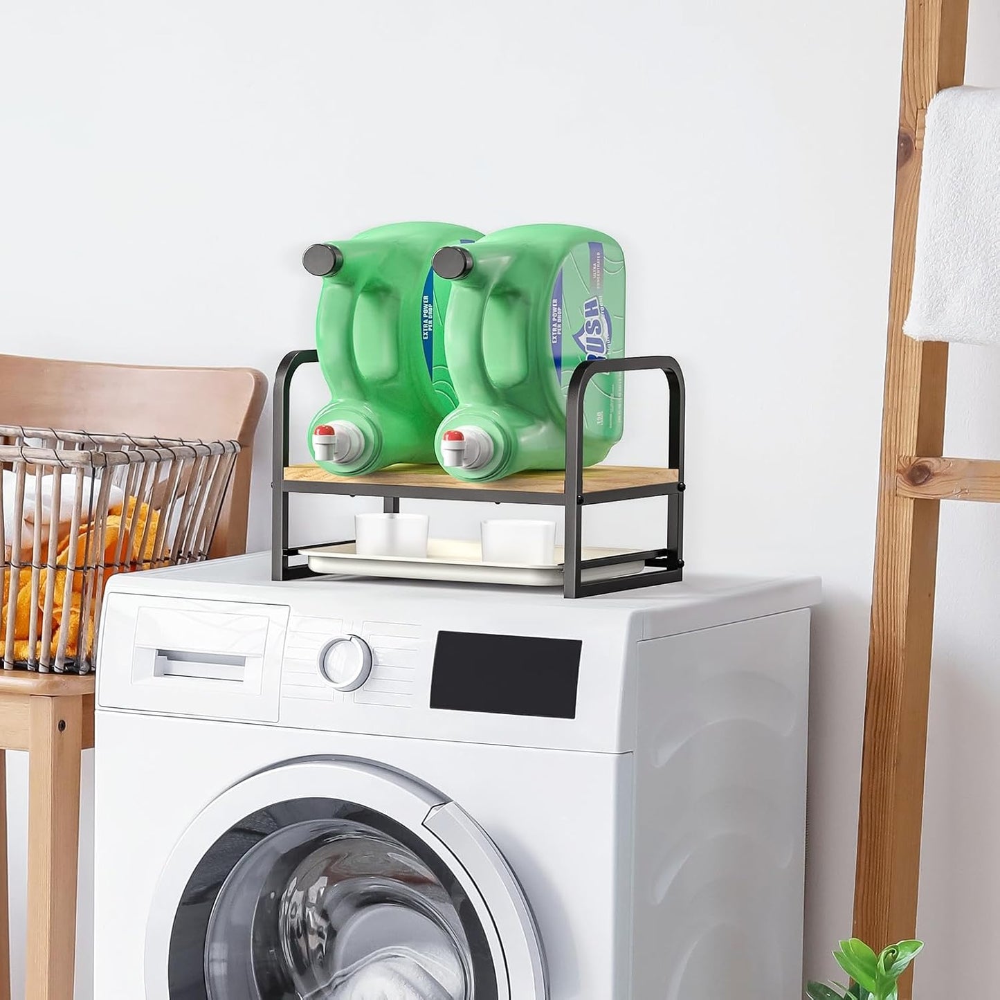 Laundry Detergent Holder Stand, Liquid Detergent Dispenser Shelf Organizer with Cleanable Drip Tray, Liquid Holder Stand Catcher for Laundry Room Organization and Storage (Flat-BlackWhite)
