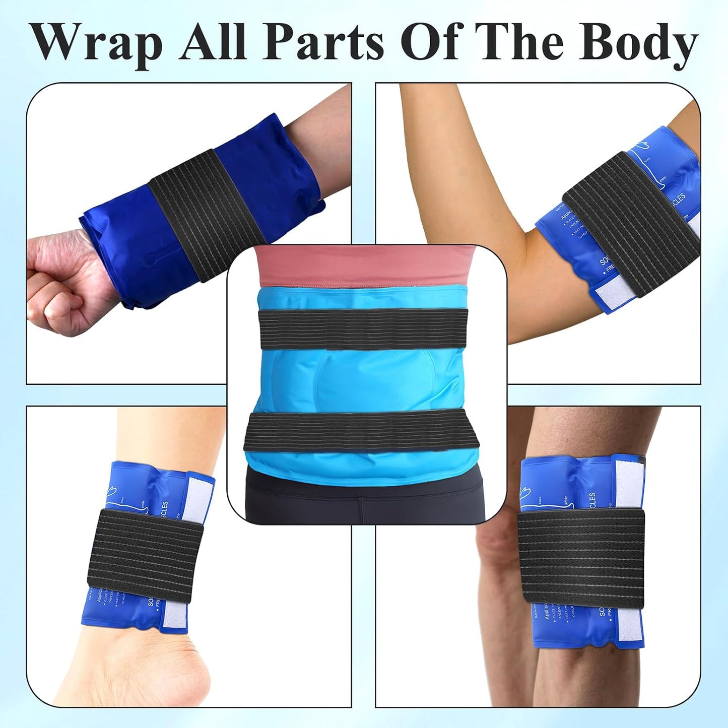 4-Pack Ice Pack Strap,Stretchable- 35.5"x3" Adjustable Hook and Loop Elastic Holder & Resuable Extender Belt for Secure Ice Pack Wrap, Blue
