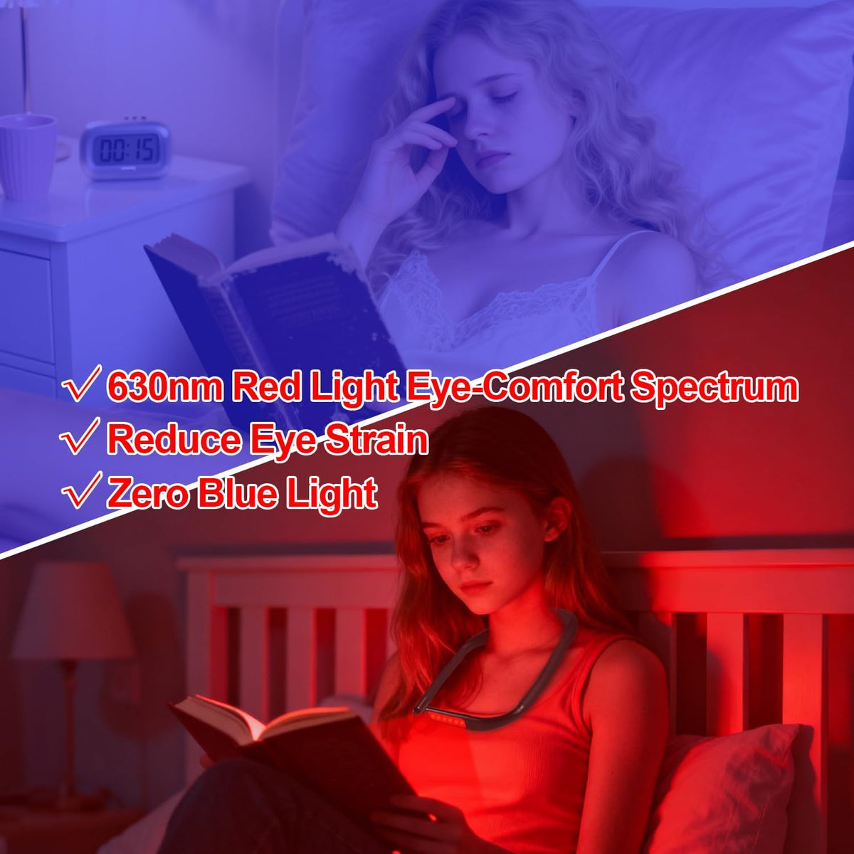 630nm Red Neck Reading Light - Zero Blue Light, Rechargeable Dimmable Portable LED Red Neck Book Lamp for Reading, Crafts, Knitting, Crochet at Night, Ideal Gift for Readers and Craft Lovers