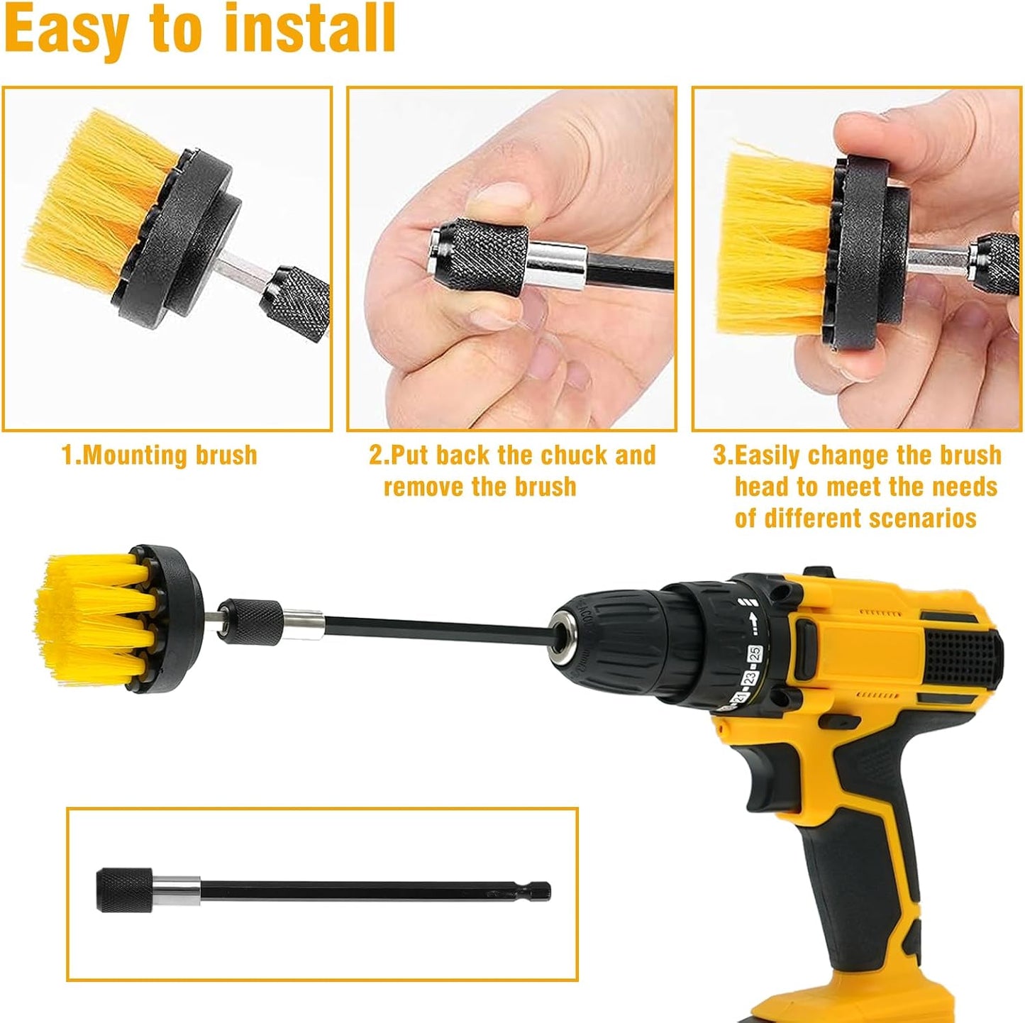 8 Pcs Drill Brush Attachment Set - Power Scrub Brush Kit | Brush Drill with Extend Long Attachmen - All Purpose Household Cleaning Brushes for Car, Grout, Floor, Tub, Bathroom