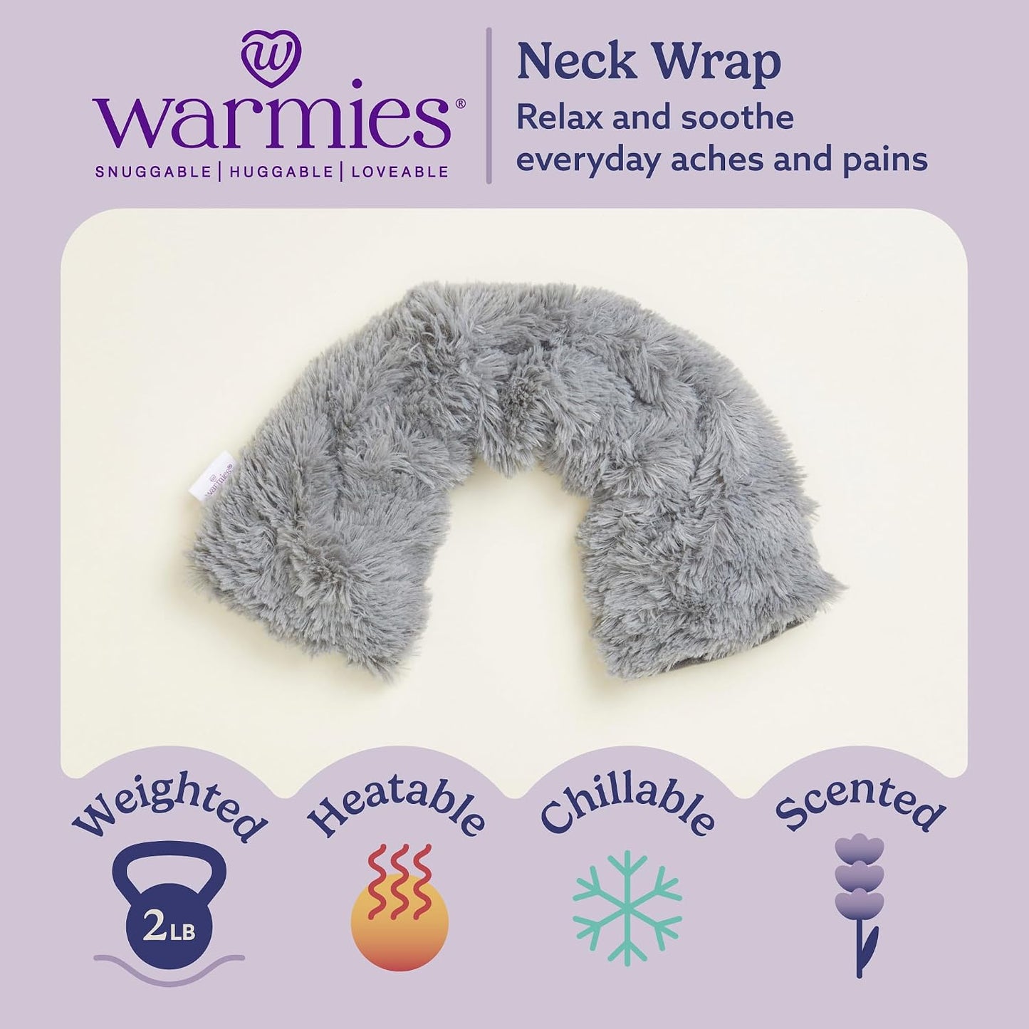 warmies Microwavable Shoulder Heating Pad, Neck Warmer & Heat Pack, Snowy | Steady Pressure, Cooling Relief, Scented with Calming French Lavender, Microwave 30 sec, Freeze 2-3 hrs, Soft Faux Fur
