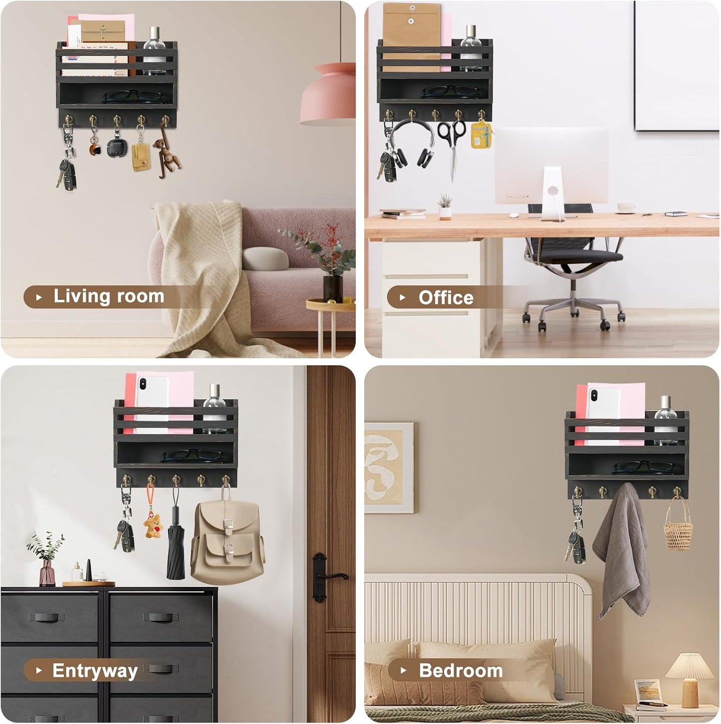 Key Holder Wall Mount with Mail Organizer, 5 Key Hooks, Brown | Wood Mail Organizer Wall Mounted with 5 Key Hooks & Storage Box and Mail Organizer for Entryway, Apartment, Home and Office