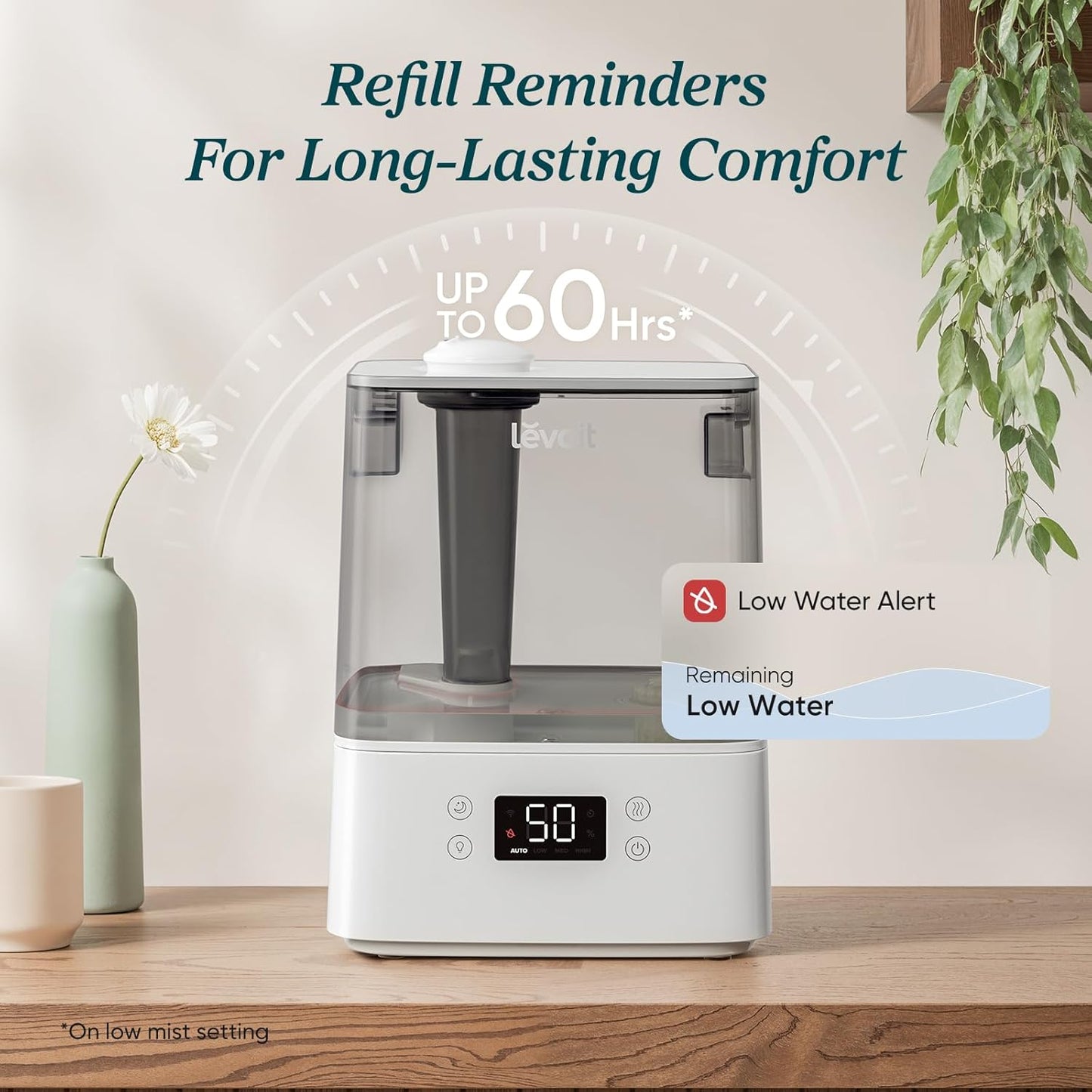 Levoit Humidifiers for Bedroom Large Room, 6L, 60H Runtime, 26dB, Smart App | Top Fill Cool Mist Humidifier for Baby & Plants, Easy to Clean, Essential Oil, Rapid Humidification & Auto Mode, Sleep Mode