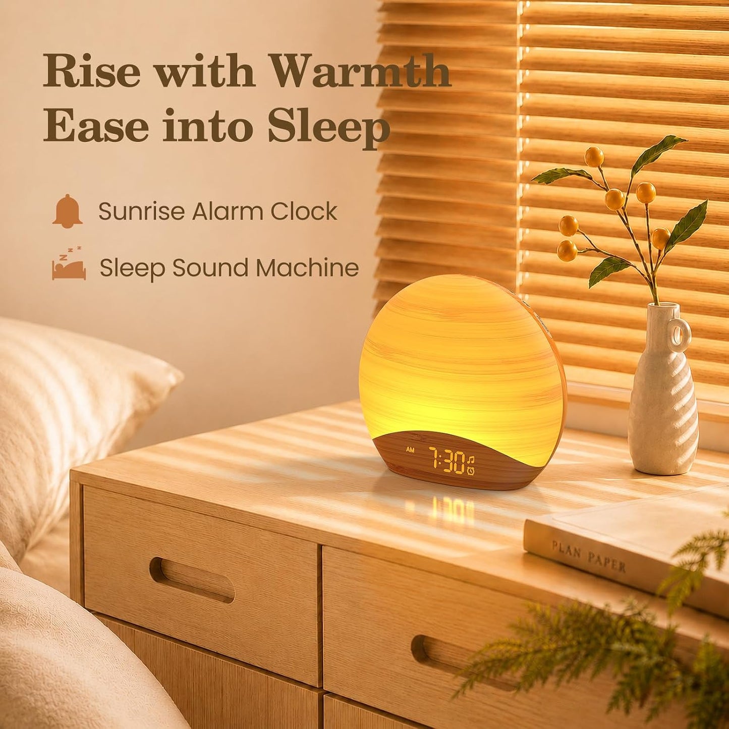 REACHER Wood Grain Sunrise Alarm Clock and Sound Machine Nightlight, Digital Dimmable Clock for Bedroom, 26 Sleep Sounds, White Noise Machine for Baby, Adults, Wake Up Light Alarm Clock for Kids | Digital Dimmable Clock for Bedroom, 26 Sleep Sounds,