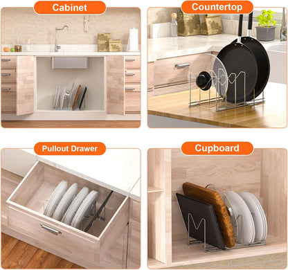 HzTinT 3 Pack Pot Lid Organizer, Holds 15 Lids, Plate & Cutting Board Rack | with Stainless Steel Build and Anti-Slip Pads, Lid Organizer for Cabinets, Drawers and Countertops, Silver