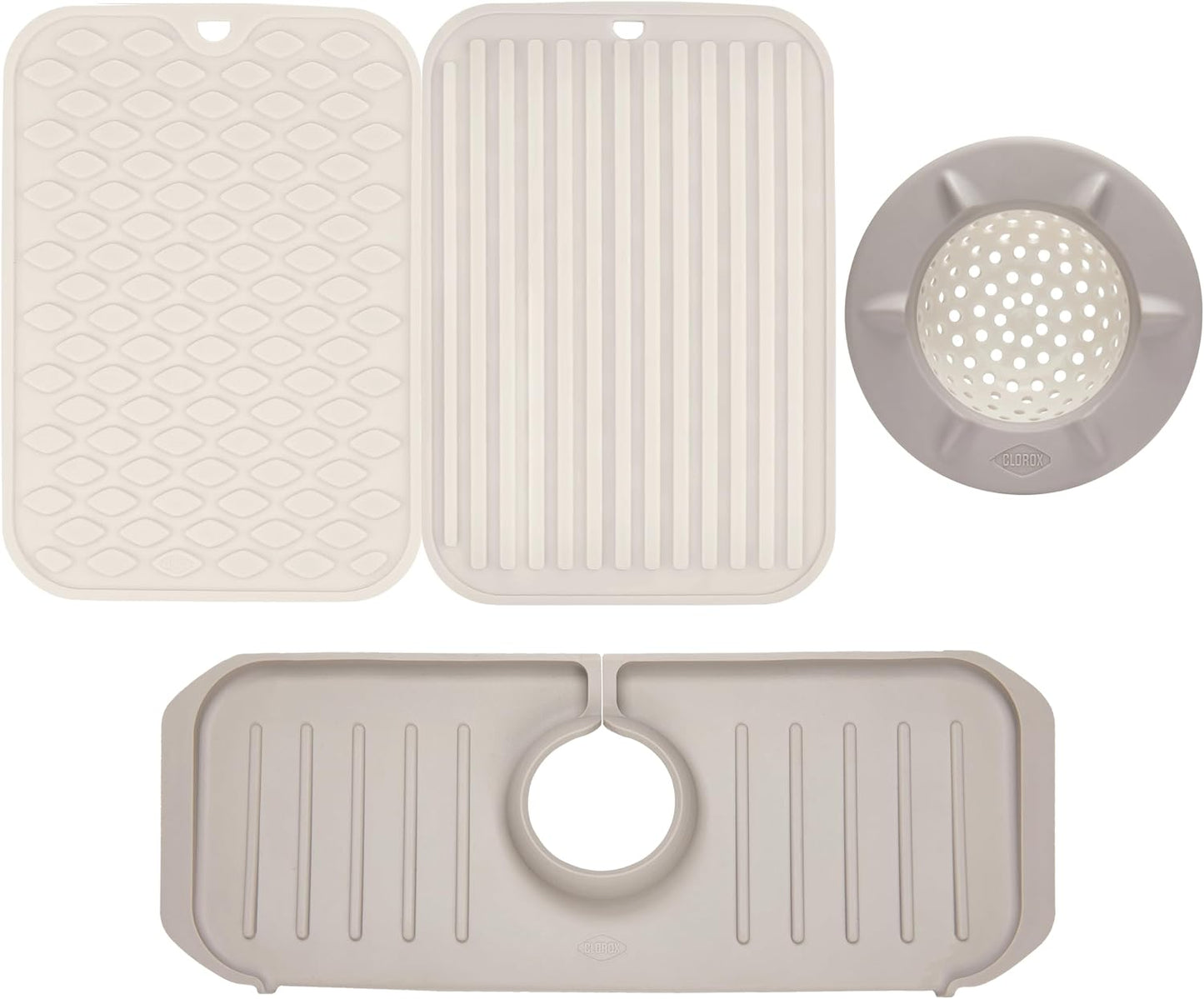 Clorox KeptClean™ 3-Piece Kitchen Sink Set with Two Interlocking Non-Slip Dish Drying Mats and Self-Draining Faucet Guard Splash Protector for Sink Areas, Almond Cream