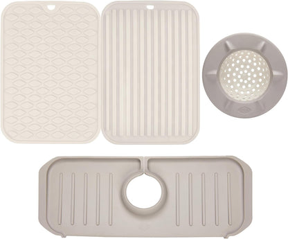 Clorox KeptClean™ 3-Piece Kitchen Sink Set with Two Interlocking Non-Slip Dish Drying Mats and Self-Draining Faucet Guard Splash Protector for Sink Areas, Almond Cream