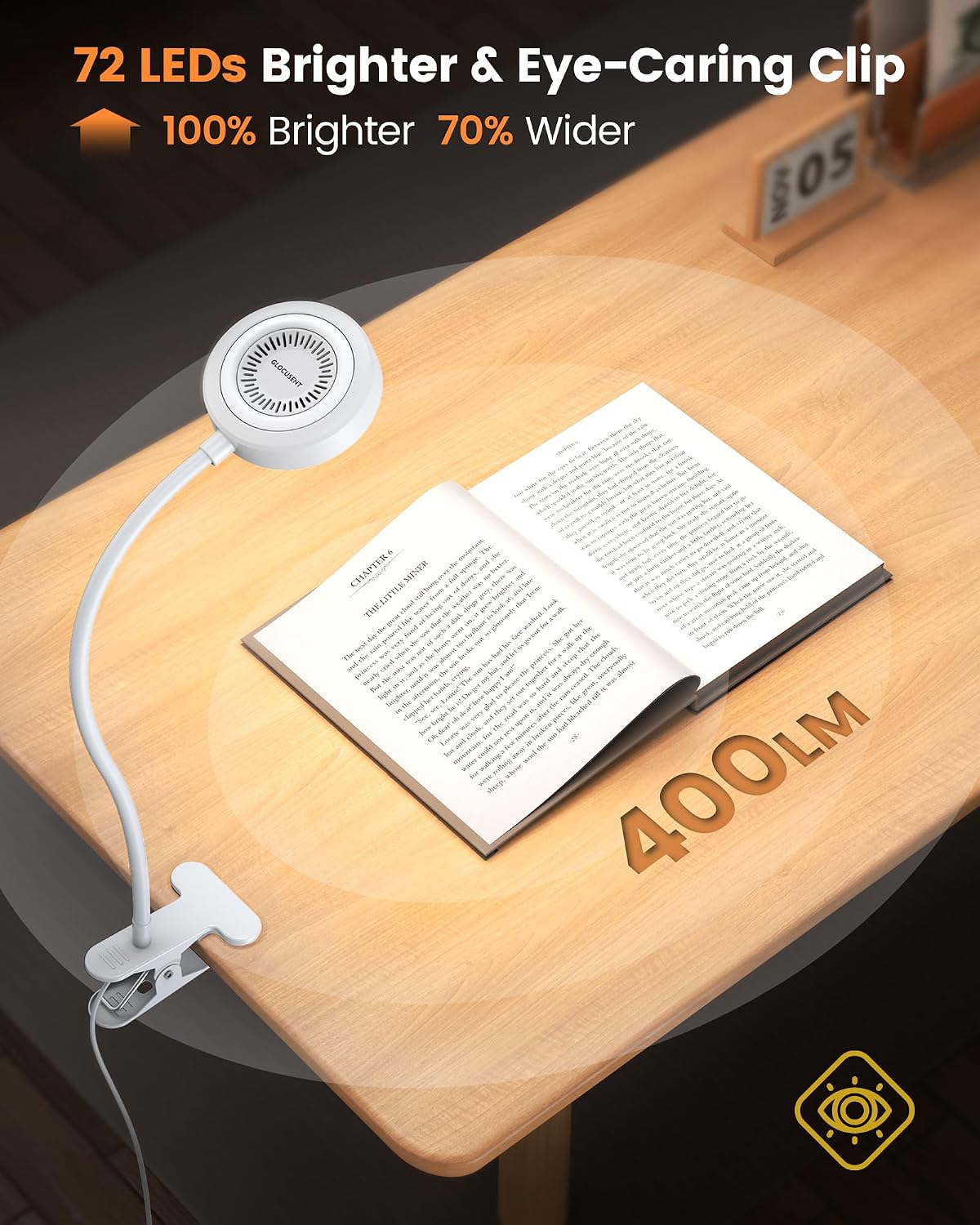 Glocusent 72 LED Desk Lamp, Bed Lamp with Amber Ring& Amber Mode | 3 Colors & 5 Brightness, 2.75" Clamp & 30Min Timer, USB Powered with Remote, Clamp Light for Headboard/Dorm/Bunk/Work/Craft