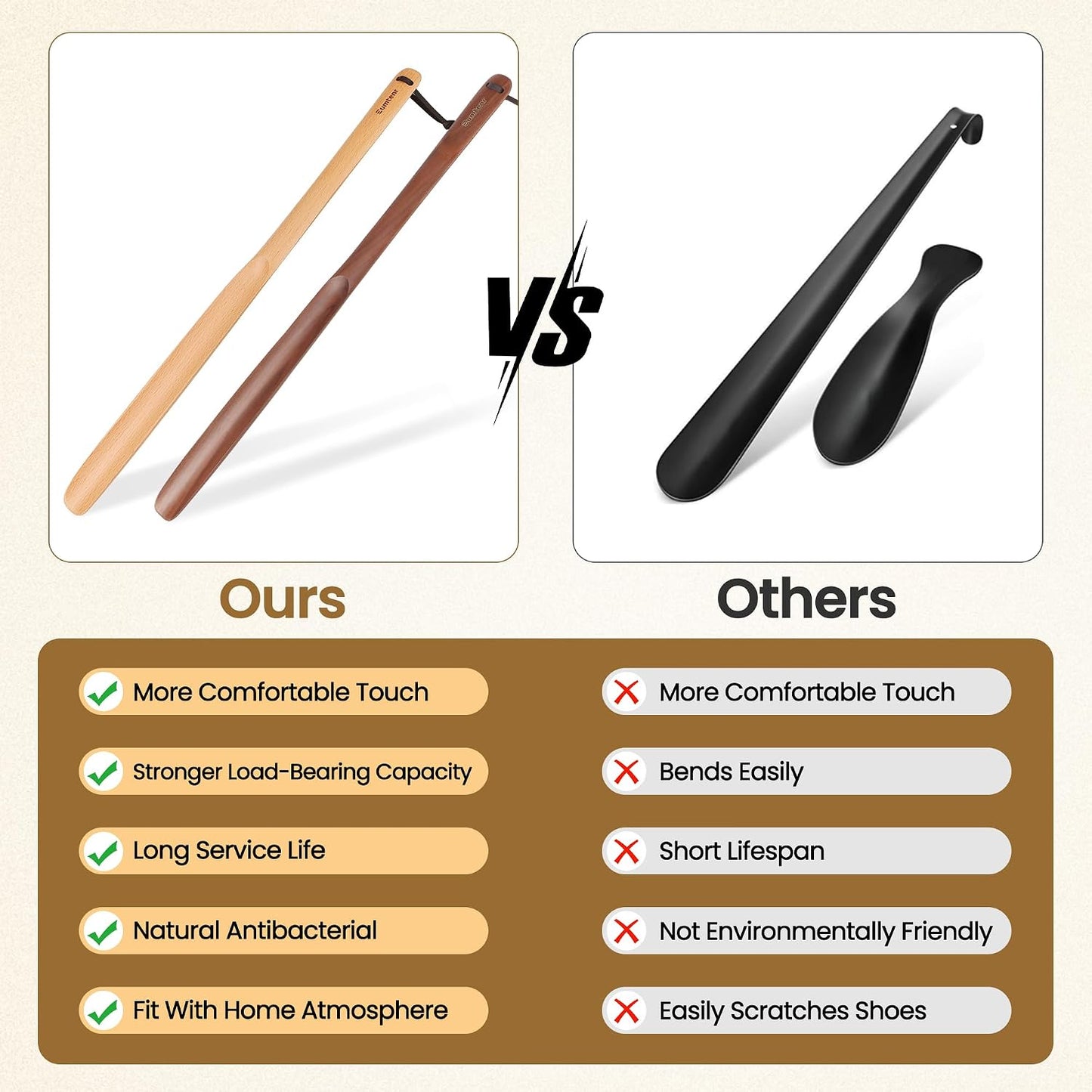 Shoe Horn Long Handle for Seniors 19.7" Shoehorn for Men, Women, Kids, Pregnancy, with Wall Hooks - Black Walnut