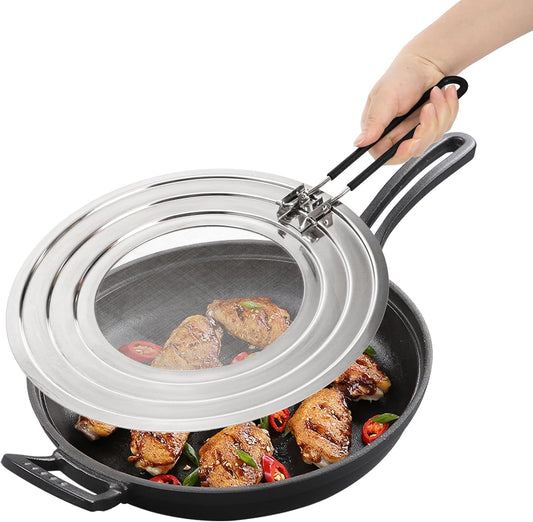 Frcctre 2 Pack Stainless Steel Splatter Screen for Frying Pan, 12 Inch Grease Splatter Guard with Foldable Silicone Handle, Food Strainer Cooling Mat Cover Oil Splash from Bacon, Oil, or Deep Fryer