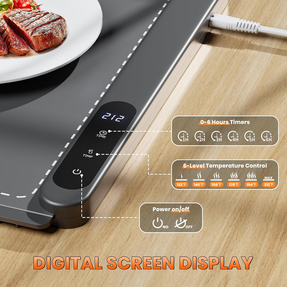 Fast Heating Warming Mat for Food, XL 36"x16", Electric Food Warmer with 6 Level Adjustable Temperature and 6 Hours Timer, Full-Surface Portable Warming Pad Trays for Buffets Party