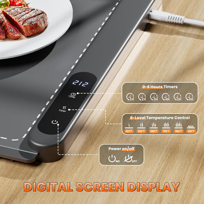 Fast Heating Warming Mat for Food, XL 36"x16", Electric Food Warmer with 6 Level Adjustable Temperature and 6 Hours Timer, Full-Surface Portable Warming Pad Trays for Buffets Party