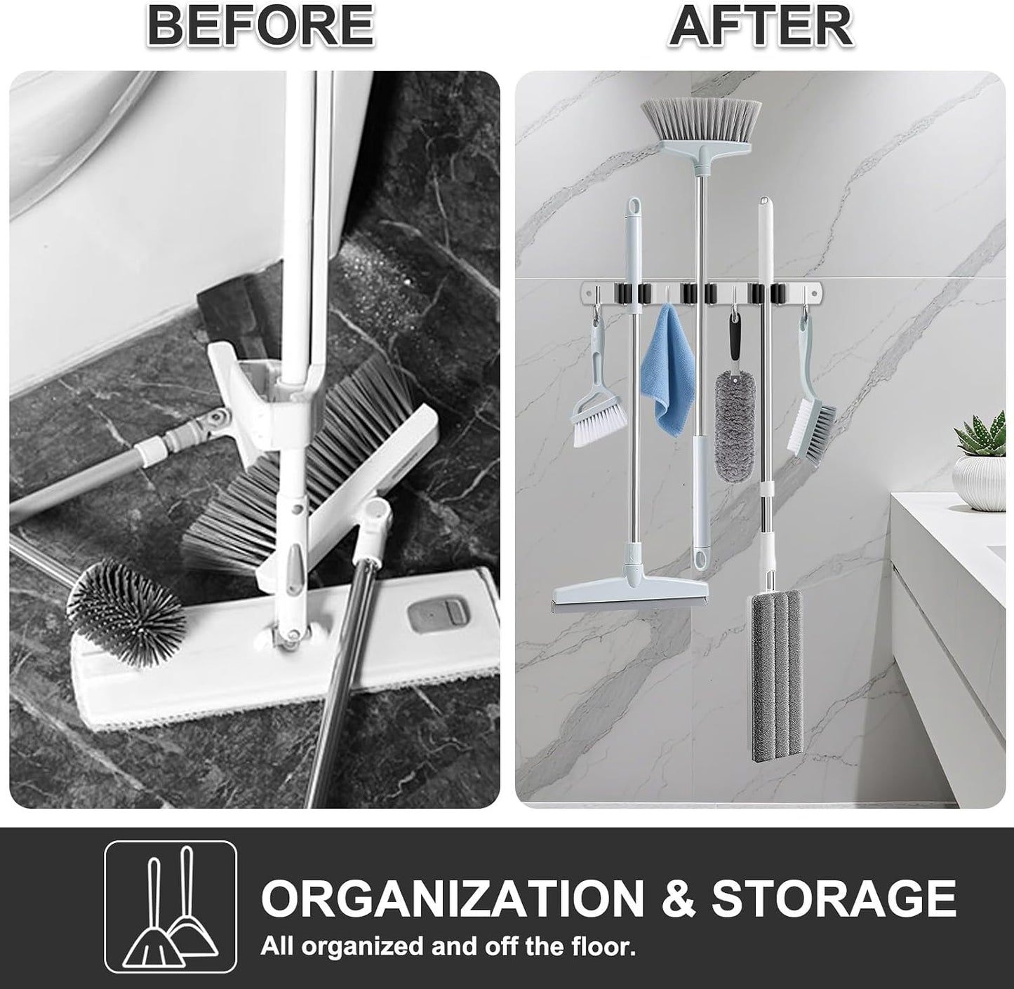 HANZENMA Broom Holder Wall Mount, Broom Organizer Wall Mount Stainless Steel Broom and Mop Hanger Heavy Duty Storage Organization for Home Kitchen Garden Garage Room 5 Racks 4 Hooks
