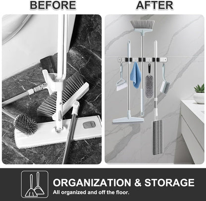 HANZENMA Broom Holder Wall Mount, Broom Organizer Wall Mount Stainless Steel Broom and Mop Hanger Heavy Duty Storage Organization for Home Kitchen Garden Garage Room 5 Racks 4 Hooks