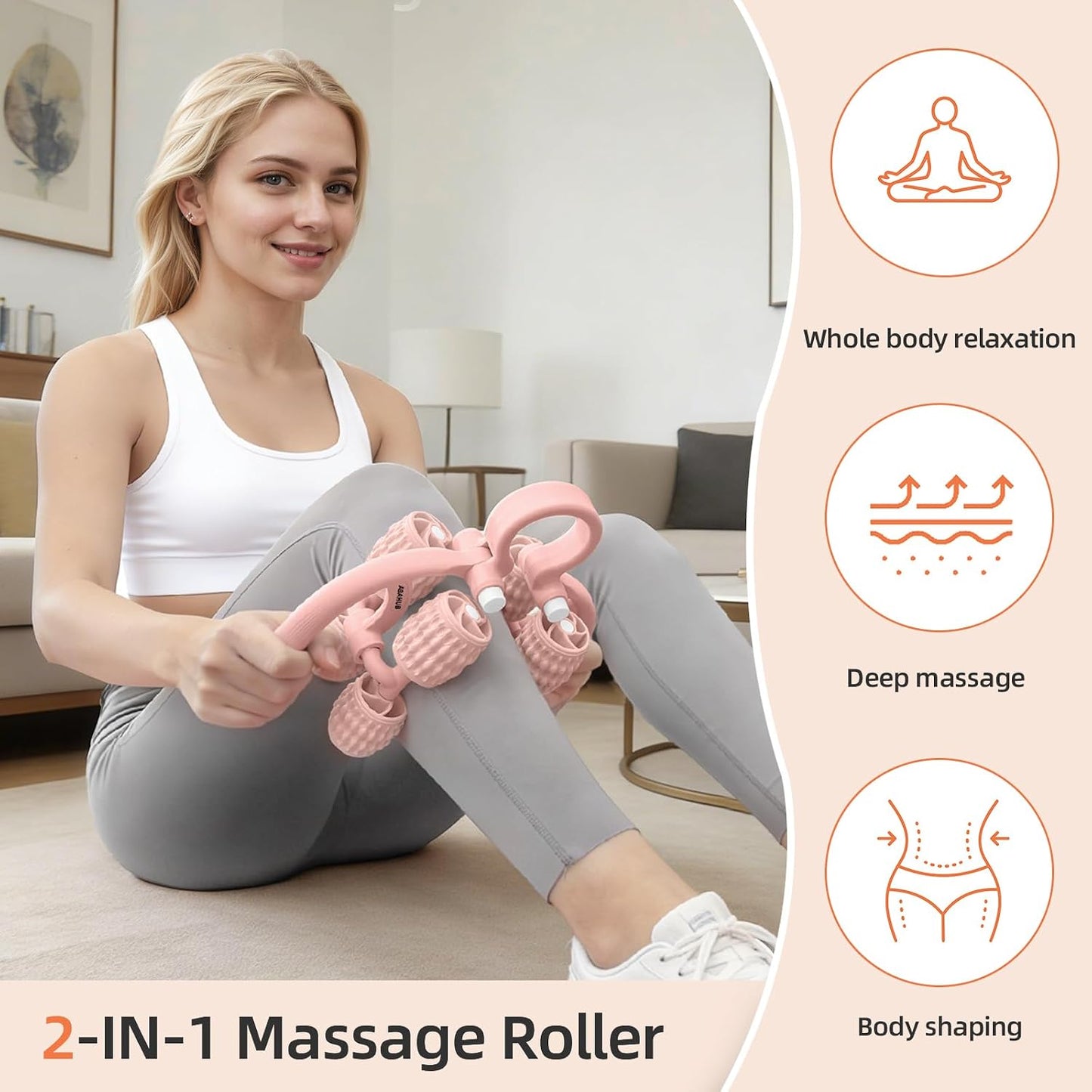 Abahub Manual Massage Roller, Cellulite Massage Roller for Men Women, Home Gym Deep Fascia Massager, 2-in-1 Relieve Muscle Soreness Massager for Arm, Thigh, Back & Shoulder, Pink