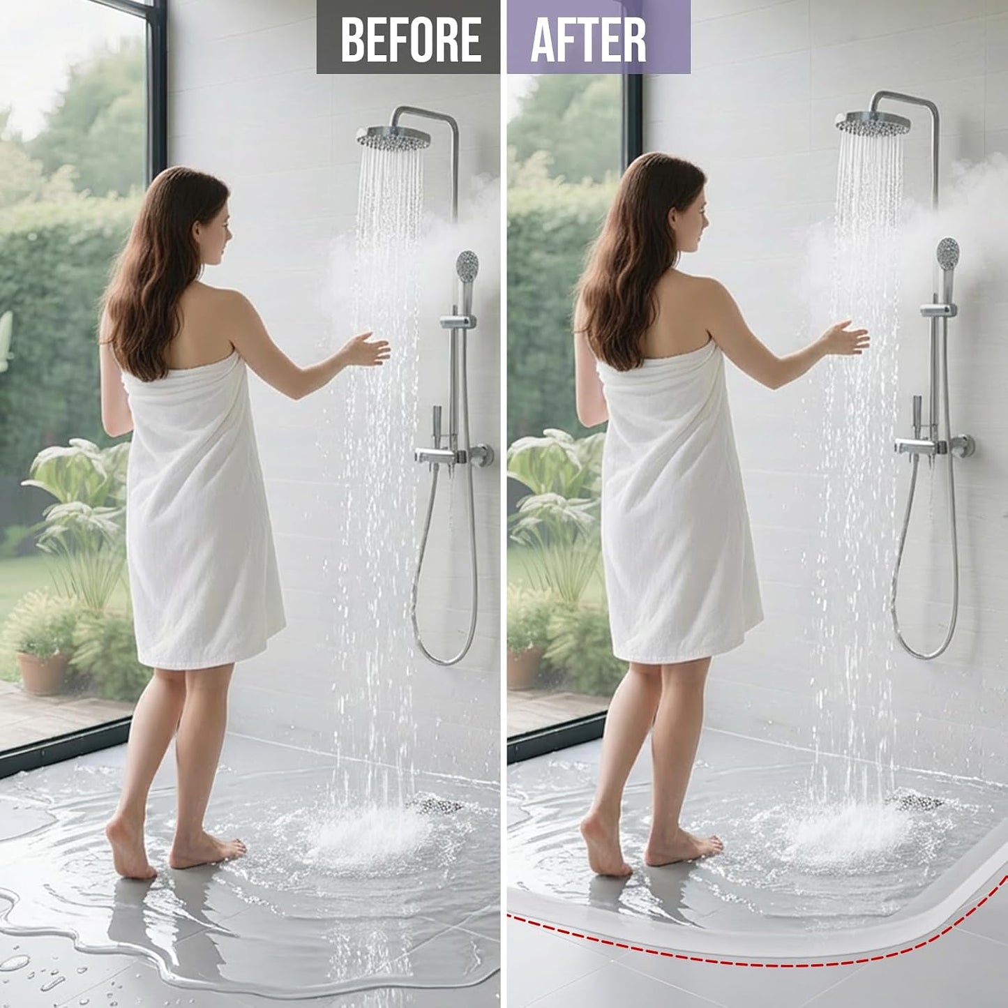 Shower Threshold Water Dam Barrier - Versatile, Silicone Shower Water Guard Stopper Seal Strip for Bathroom Floor, Bathtub Rim, Kitchen Countertop (White, 59 In/ 1.5M)