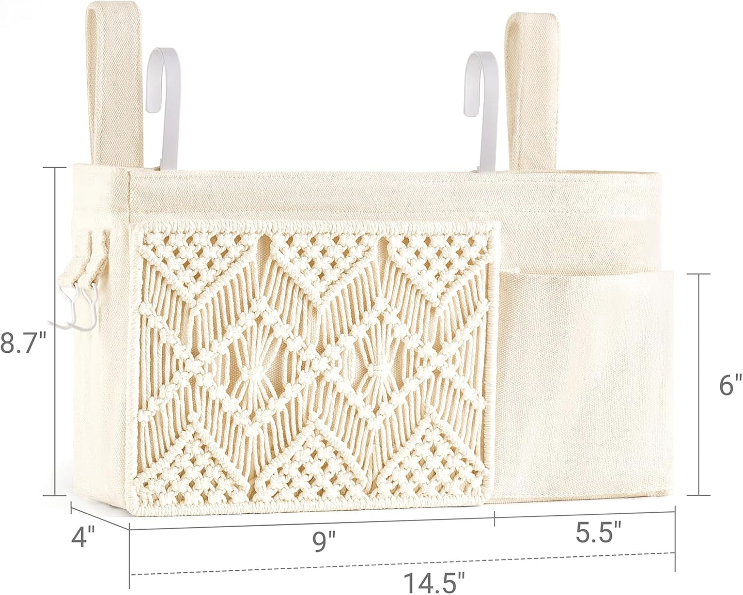 Mkono Bedside Caddy, Macrame Hanging Organizer, 4 Pockets Ivory Metal Hooks | Dorm Room Essentials, Boho Storage, Bunk Loft Bed Bedroom Nursery, Laptop Phone Remote Magazine Glasses, Fixed Straps