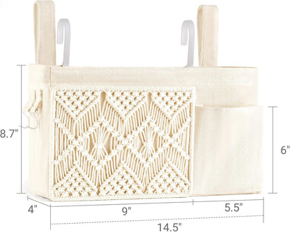 Mkono Bedside Caddy, Macrame Hanging Organizer, 4 Pockets Ivory Metal Hooks | Dorm Room Essentials, Boho Storage, Bunk Loft Bed Bedroom Nursery, Laptop Phone Remote Magazine Glasses, Fixed Straps
