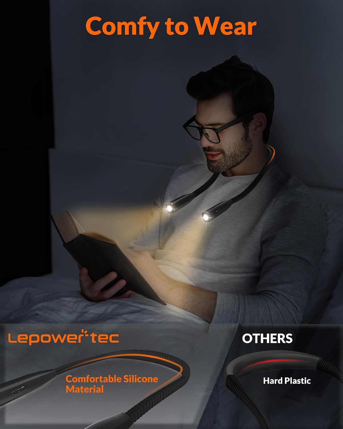 LEPOWER Reading Neck Light, 3-Color & 5-Brightness, Book Light for Reading in Bed, Rechargeable Lamp with Comfortable Silicone Arm, Eye-Caring Neck Lamp for Reading, Knitting, Crafting