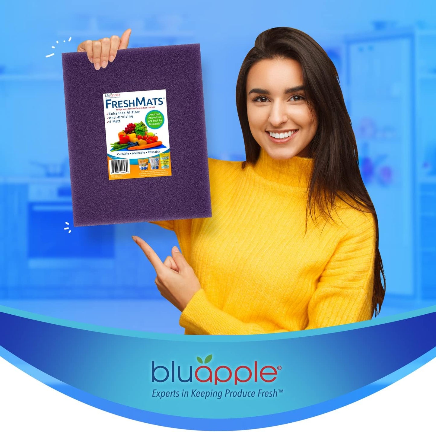 Bluapple FreshMats - Refrigerator Bin Liners, Fridge Drawer Mats - Keeps Produce Fresh Longer, Prevents Bruising, Promotes Air Circulation - BPA-Free Polyurethane Foam - (4-Piece Set, 12"x15", Green)