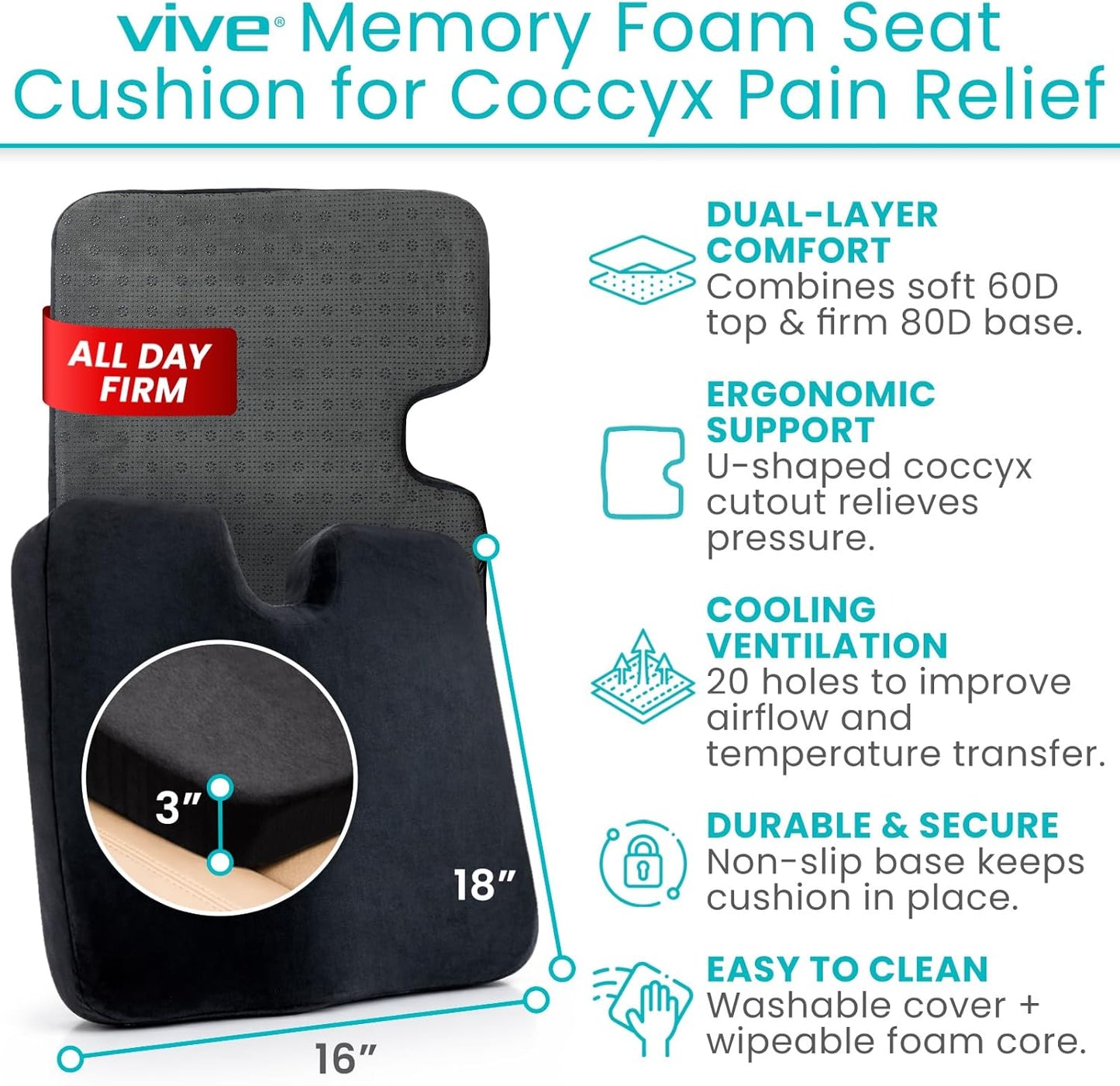 Vive Memory Foam Seat Cushion – Tailbone Pain Relief, Sciatica, Coccyx | Back Support for Office Chair, Car Seat, Wheelchair & Airplane, Water-Resistant Cover, 2-Layer Foam Comfort, Wheelchair
