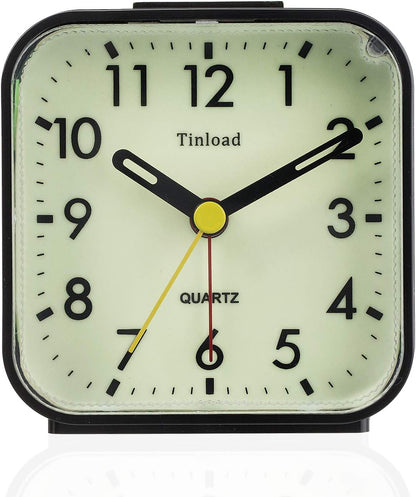 Tinload Small Battery Operated Analog Travel Alarm Clock Silent Non Ticking, Gentle Wake, Ascending Beep Sounds, Snooze,Lighted on Demand, Easy Set(Black)