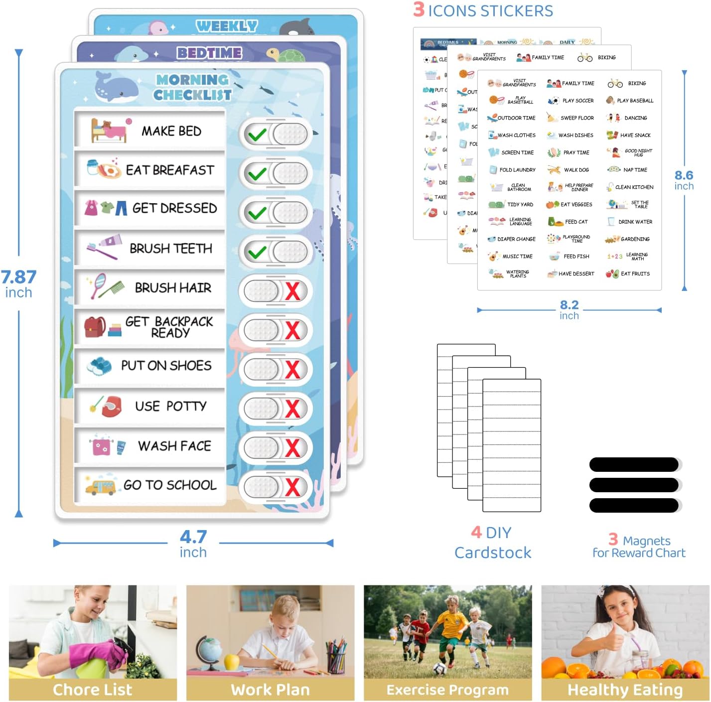 Upgraded Slider 4 in 1 Reward Chart for Kids, Reusable Bedtime/Morning/Daily Routine Chart for Kids, Magnetic Chore Chart for Kids Toddlers, Sticker Chart for Kids Behavior Chart for Kids at Home
