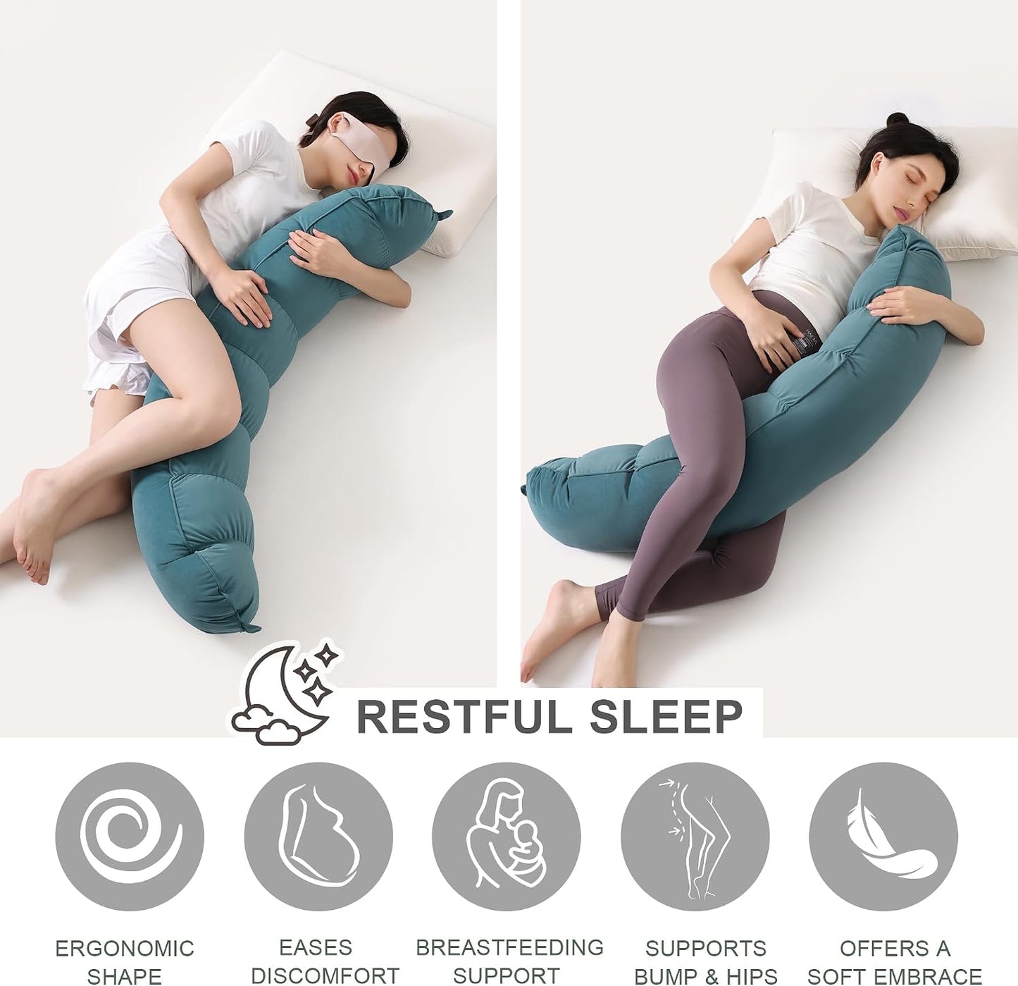 Peallow(Pat. Pend) – Long Round Body Pillow for Adults, Bolster Pillow for Sleeping, Soft and Supportive Pillow for Sleeping & Lumbar Support (Green-White, 29.5")