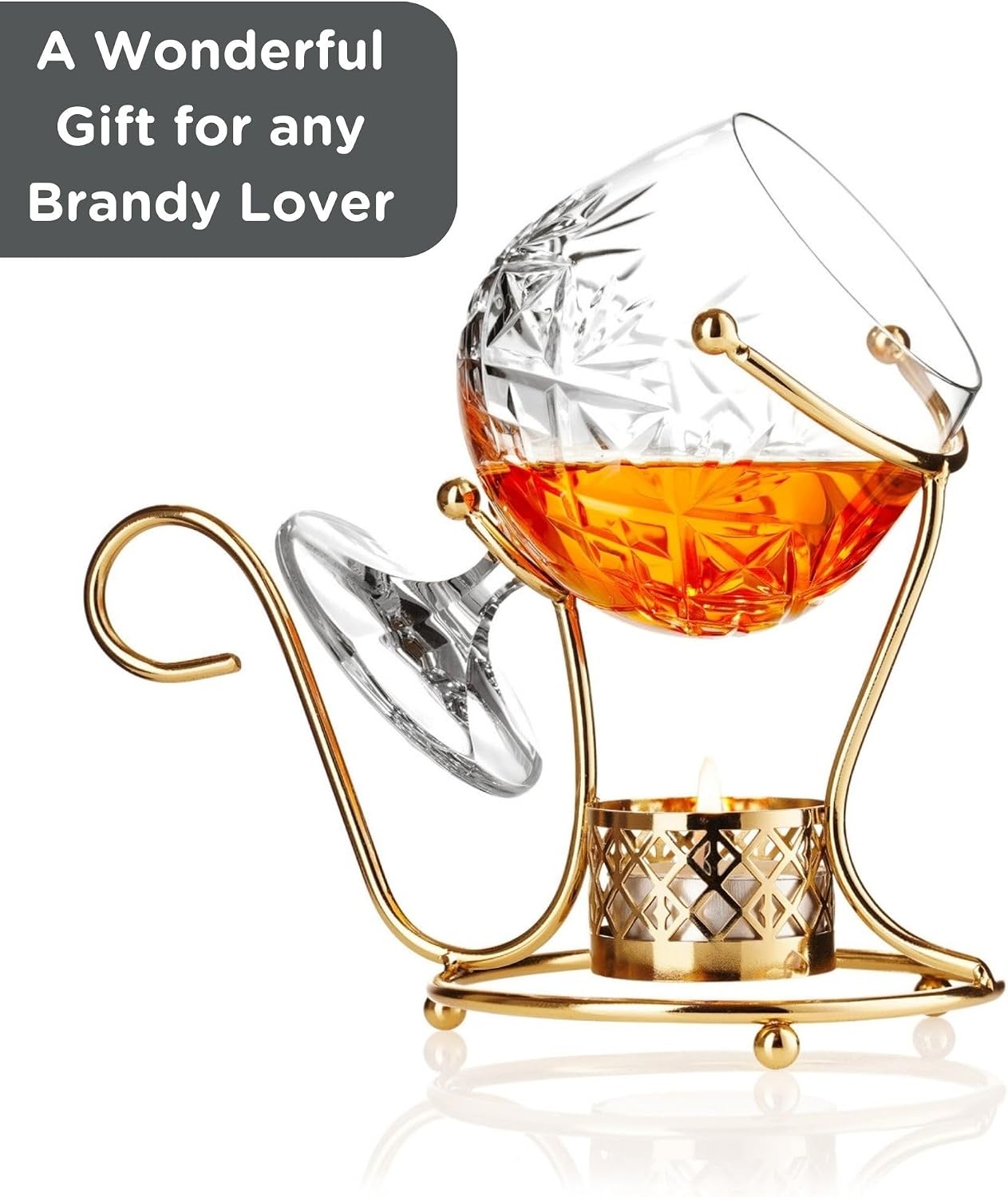 Brandy Warmer Stand Set - Cognac Brandy Snifter Warmer | Heater with Tea Light Holder and Metal Stand in Stunning Gold
