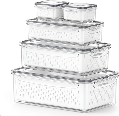 KUK Fruit Storage Containers for Fridge, Leakproof Food Containers with Removable Colander, Fruit Containers for Fridge BPA Free Produce Containers Keep Vegetables Berry Meat Fresh Longer