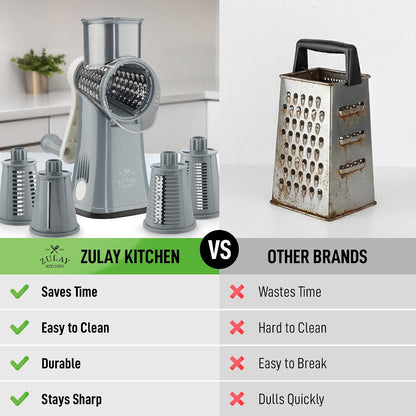 Zulay Kitchen Rotary Cheese Grater 5 Blade Cheese Shredder - Manual Hand Crank Cheese Grater With Reinforced Suction & 5 Interchangeable Drums - Easy to Use, Vegetable Chopper Round Mandoline Slicer - Colors B