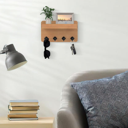 Nekon Key Holder Wall Mount, 8.5 Inch Small Wooden Wall Organizer, Black | Rustic Wall Shelf, Farmhouse Key and Mail Holder for Living Room Entryway Kitchen